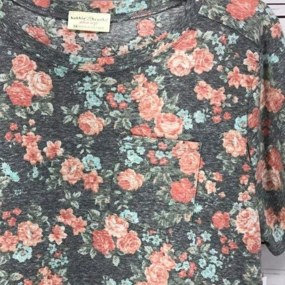 Bobbie Brooks Heather Grey Floral Pocket‎ 1x Tee shirt - Picture 3 of 6